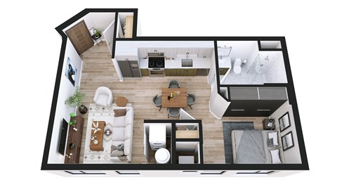 A top-down view of a modern apartment layout.